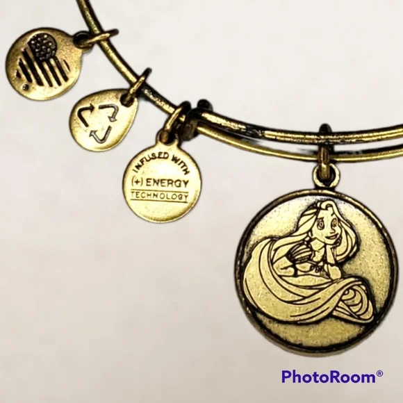 Disney ALEX AND ANI Princess Rapunzel Gold Tone Bangle Charm Bracelet RETIRED